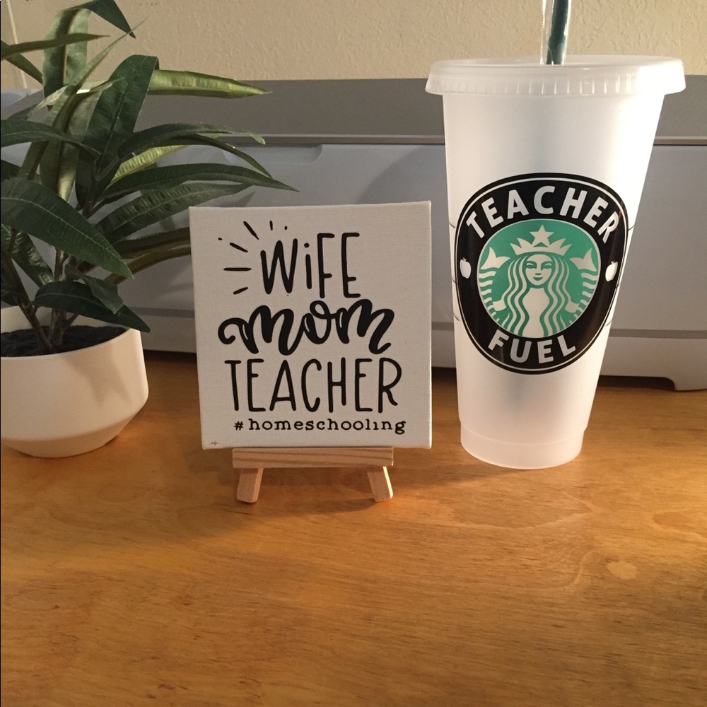 Starbucks reusable plastic cup with canvas sign
